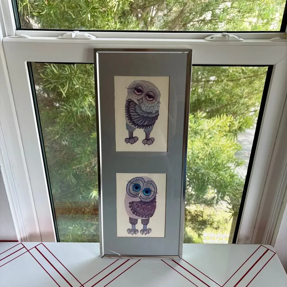 Vintage 1970s Glenn Heath Big Eyes Owl Lithograph Framed